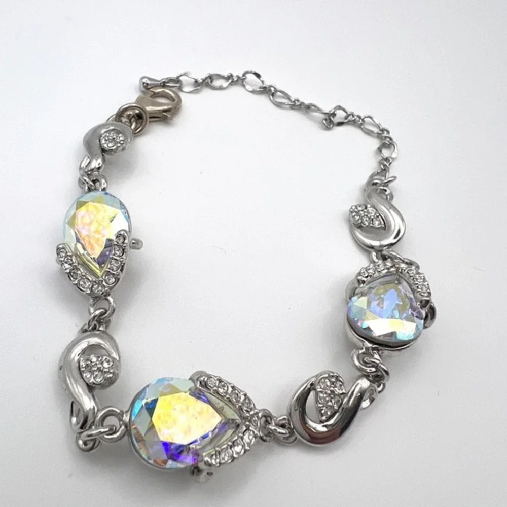 FA‎ 925 Sterling Silver AB Crystal Teardrop Bracelet Rhinestone Adjustable
